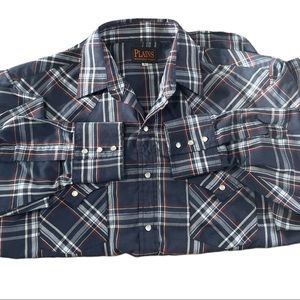 Plains Western Wear Men’s Pearl Snap Shirt Size L- Red, White and Blue Plaid